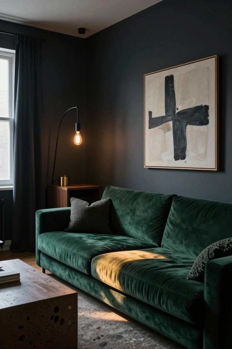 Modern living room corner featuring dark gray walls, emerald green velvet sofa with throw pillows, tall black arc floor lamp with exposed warm bulb, abstract black and white painting in gold frame, wooden side table with gold jar, and low wooden coffee table on a light rug with sunlight streaming through window.