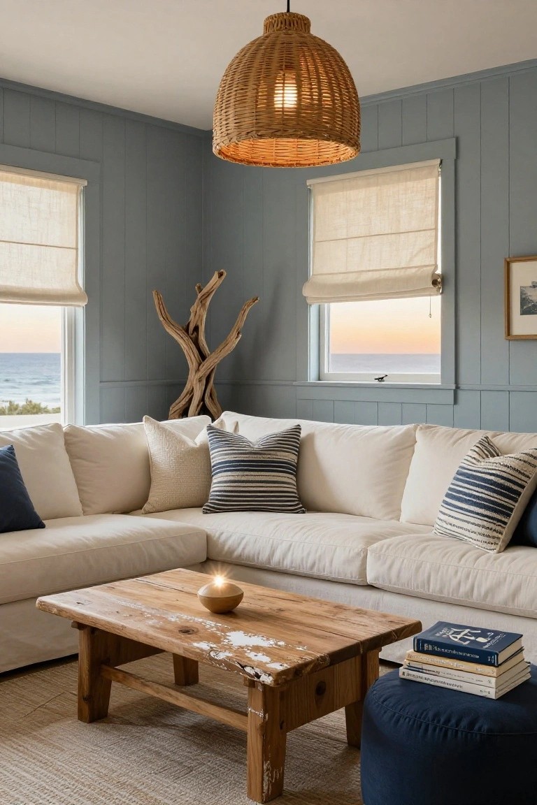 Corner view of a light gray shiplap-walled living room with a beige rattan pendant light over a white L-shaped sofa, pillows, low wooden coffee table holding a lit candle and books, driftwood sculpture, navy footstool, and windows showing ocean sunset.