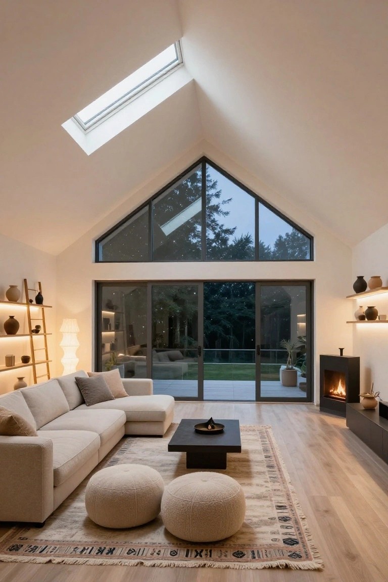 Spacious modern living room with white vaulted ceiling and skylight, large black-framed triangular window wall overlooking trees, beige L-shaped sofa with pillows and poufs, black coffee table on beige rug, wooden ladder shelves with ceramics and plants, freestanding black fireplace, and light oak flooring.