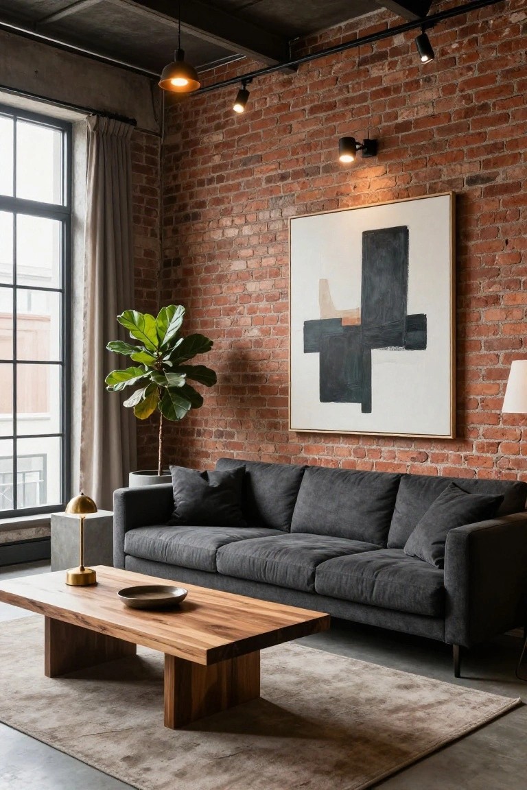 Modern industrial living room with exposed red brick walls, gray upholstered sofa, wooden coffee table, potted fiddle leaf fig plant, large abstract painting, large curtained windows, polished concrete floor, and multiple warm lighting fixtures including pendant lamp, track lights, wall spots, and table lamps.