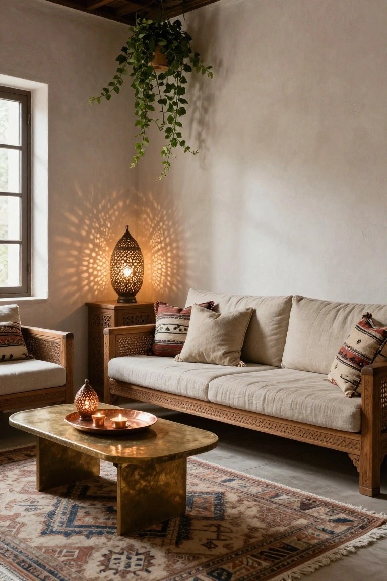 A beige living room with carved wooden sofa and side tables, linen-upholstered couch with patterned pillows, low brass coffee table holding candles and a small lantern, tall pierced metal floor lamp casting light patterns on the walls, hanging plant, and patterned rug on the floor.