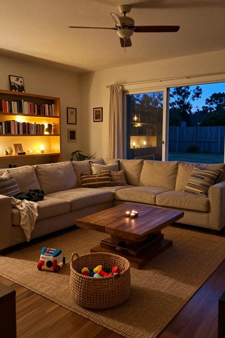 Living room interior at dusk with beige L-shaped sofa, wooden coffee table holding three lit candles, lit bookshelves with small lamps and decor, woven basket of colorful toys on seagrass rug, ceiling fan, and sliding glass doors to backyard.