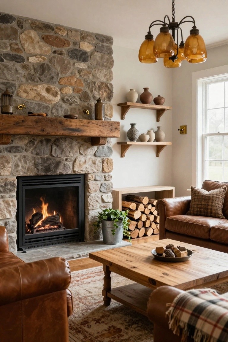 Living room with a tall stone fireplace containing a gas fire, rough wood mantel, amber glass five-light chandelier overhead, floating wood shelves with pottery, leather sofas, wood coffee table, and firewood stack beside a plant in a metal bucket.