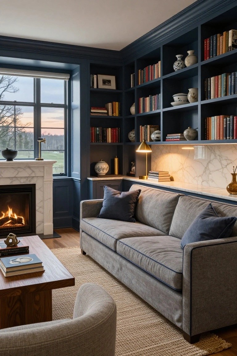 Corner of a living room with navy blue built-in bookshelves filled with books and ceramics, marble-surround fireplace with burning logs, gray sofa and armchair on wood floors, brass table lamp lit on marble backsplash, large window showing sunset over fields.