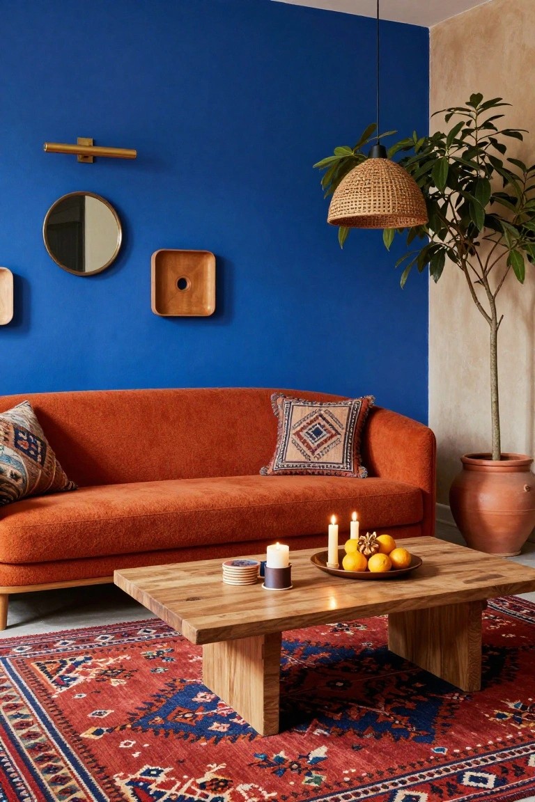 Living room featuring a blue wall with brass sconce and round mirror, orange upholstered sofa with patterned pillows, wooden coffee table holding candles and oranges, rattan pendant lamp, red patterned rug, tall potted plant in terracotta pot, and beige wall section.