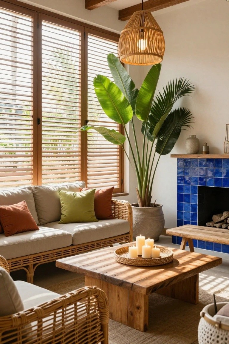 Living room interior featuring a beige rattan sofa and armchair, wooden coffee table with candles in a woven tray, tall potted banana plant, blue tiled fireplace, woven rattan pendant lamp, and wooden shuttered windows with sunlight filtering through.