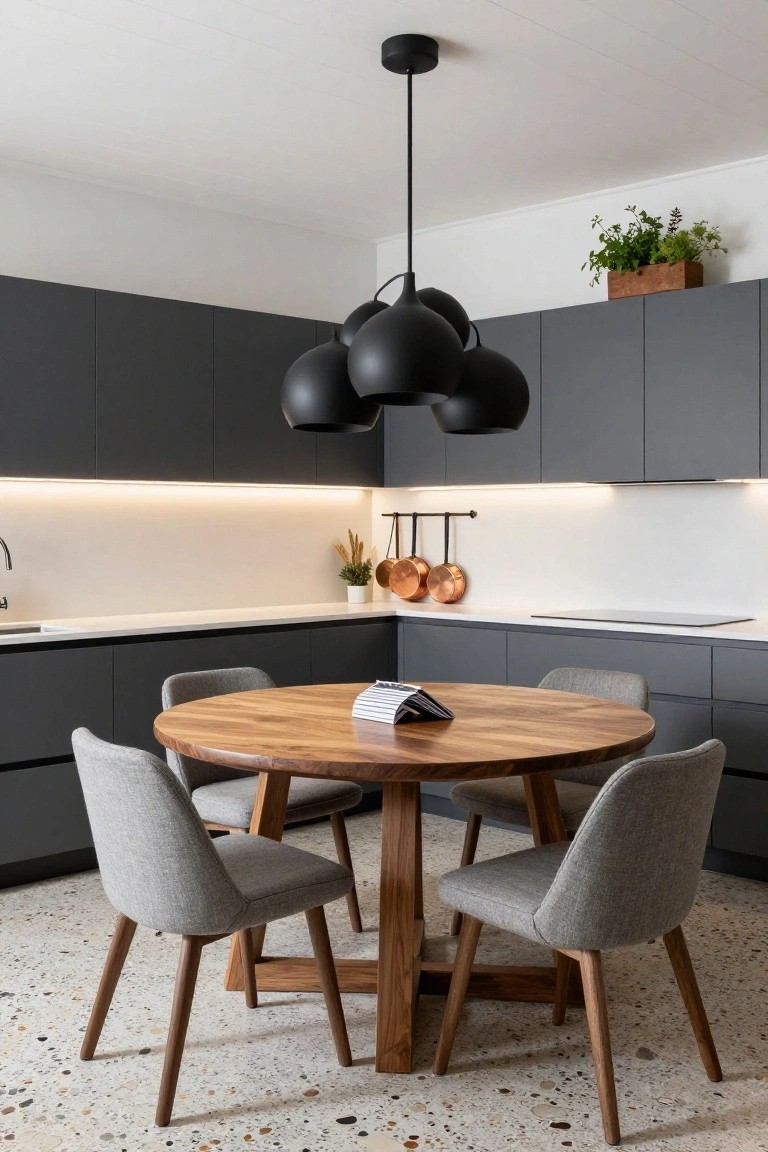 Modern kitchen with dark gray cabinets, white countertops, induction cooktop, hanging copper pots, potted plants, round wooden dining table with gray upholstered chairs, black five-globe pendant light above the table, and terrazzo floor.