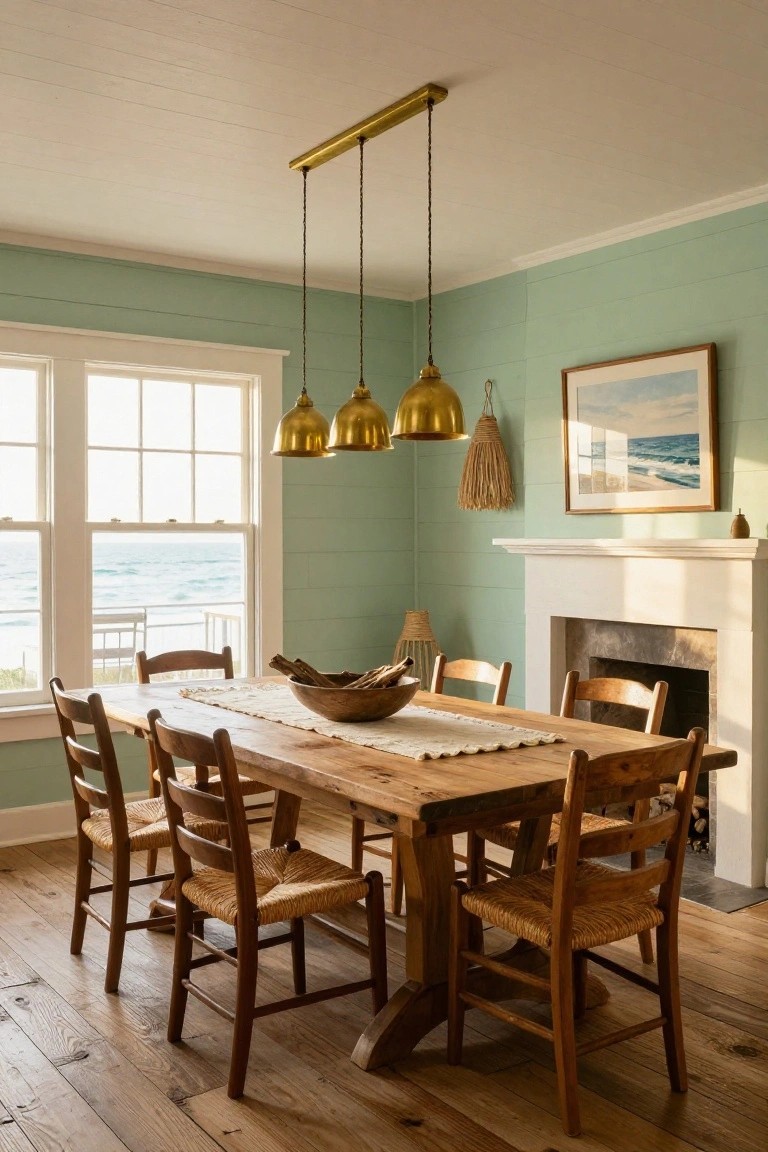 Dining room featuring a rectangular wooden table with rattan chairs, three brass pendant lights suspended from the ceiling on a gold bar, pale green shiplap walls, large windows with ocean view, and a white fireplace mantel.
