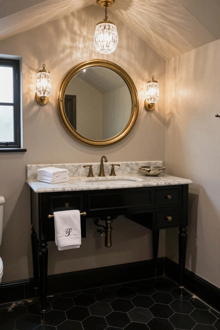 Small bathroom interior with crystal chandelier hanging from sloped ceiling over black wood vanity with marble countertop, large round gold mirror, matching sconces, white towels, toilet, and black hexagonal floor tiles.