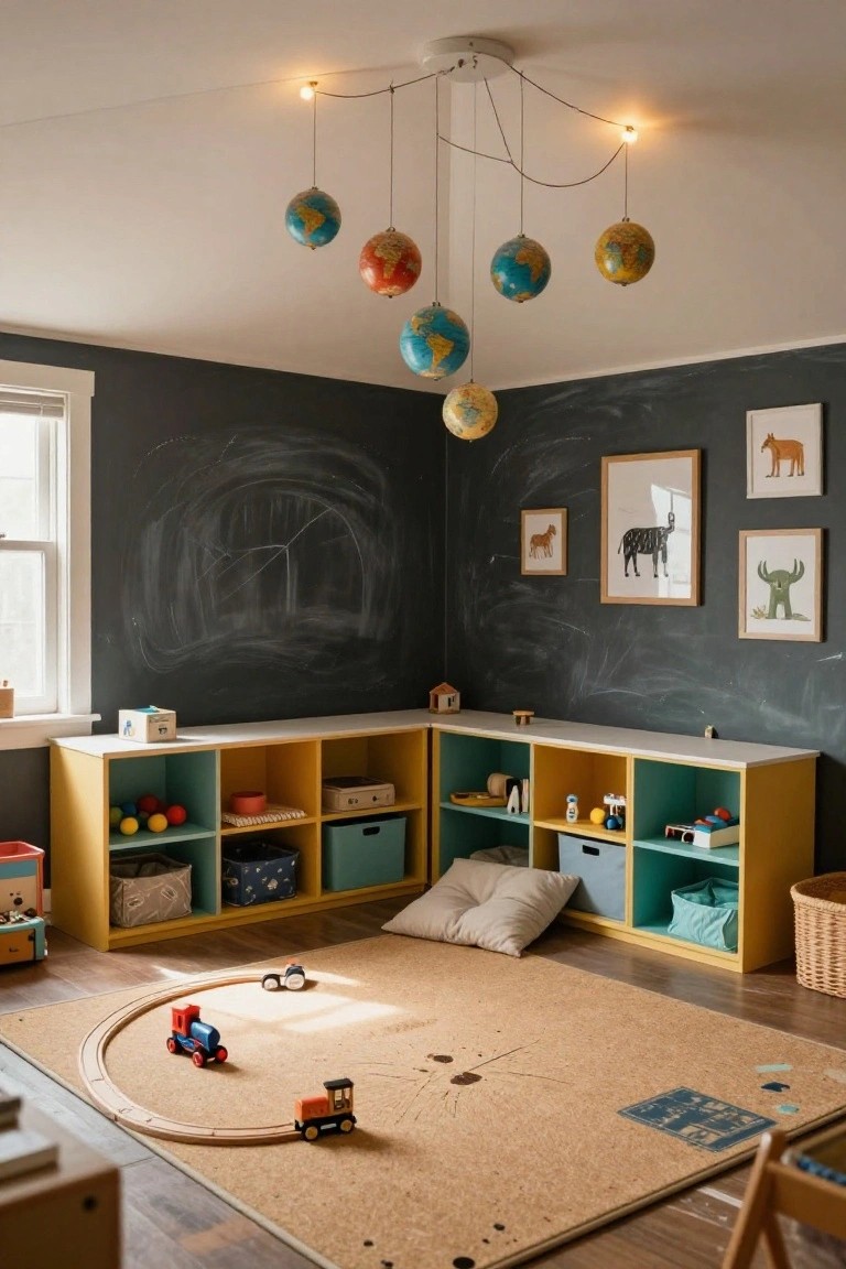 Children's playroom with turquoise and yellow shelving filled with toys, black chalkboard walls, framed animal prints, cork rug with toy train track and trains, and ceiling chandelier of hanging globes with lit bulbs.
