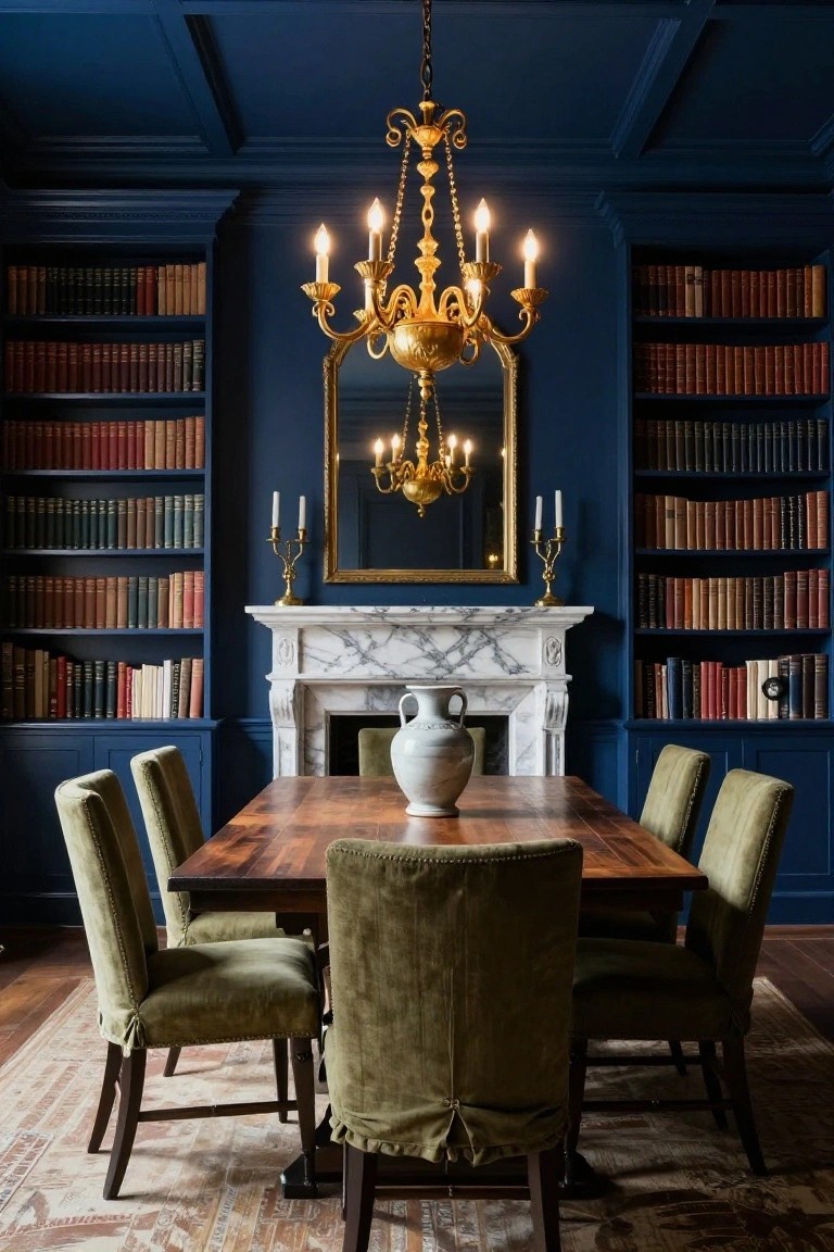 Navy blue dining room featuring built-in bookshelves, a marble fireplace with a vase, rectangular wooden dining table with green velvet chairs, gold candelabra chandelier, and wall mirror.