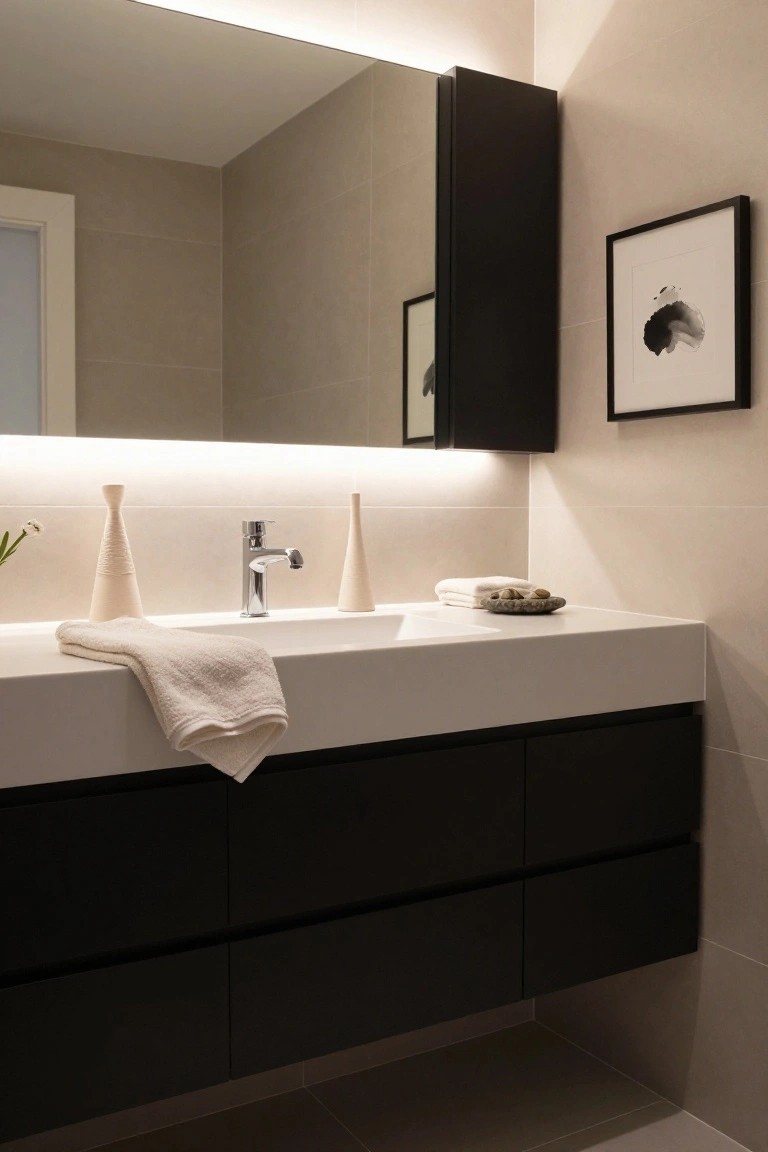 Modern bathroom vanity with white countertop and sink, chrome faucet, two tall white conical vases with plant, folded white towel, small stone dish, black cabinets underneath, large backlit mirror cabinet above, and light beige tiled walls.