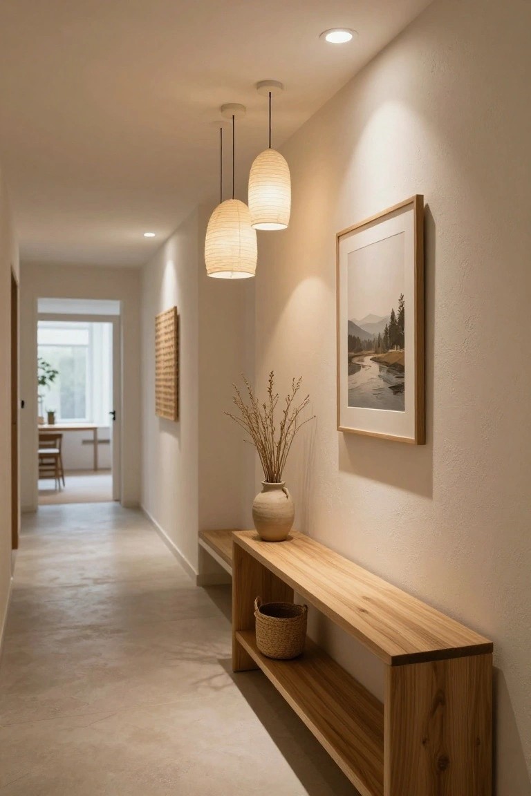 Long beige hallway with polished concrete floor, two hanging woven pendant lights, wooden console table holding a terracotta vase with dried branches and a woven basket, framed landscape photograph on wall, and open door to adjacent room.