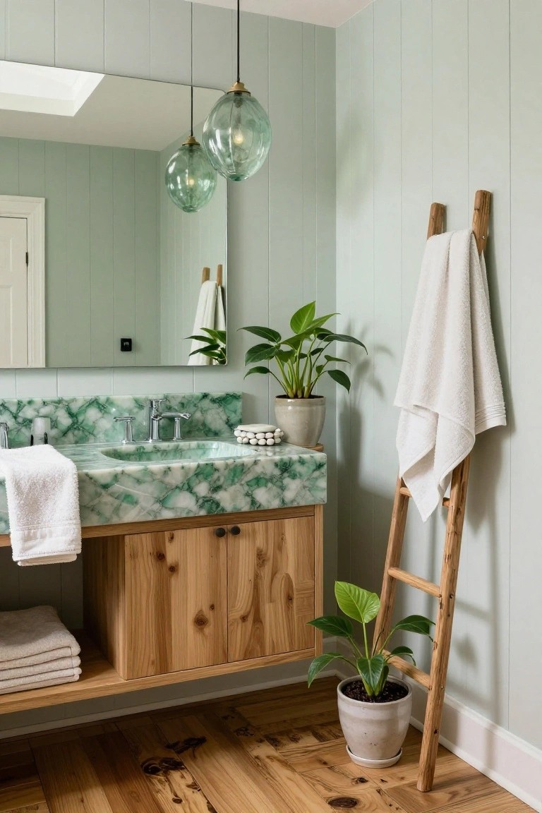 Bathroom vanity with green marble countertop and white undermount sink, chrome faucet, two hanging green glass globe pendant lights, wooden cabinetry below, ladder towel rack with plants and towels on sage green paneled walls, wooden flooring.