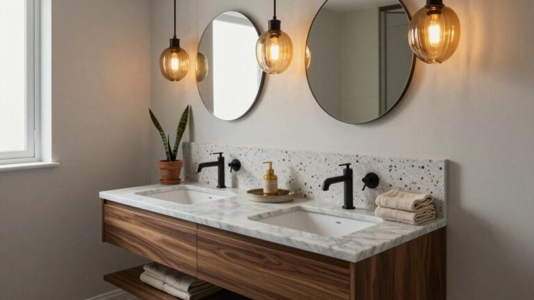 Modern bathroom with floating walnut double vanity, white marble sinks, matte black faucets, two round black-framed mirrors on wall, amber glass globe pendant light from ceiling and matching sconces, potted snake plant, terrazzo tile floor.