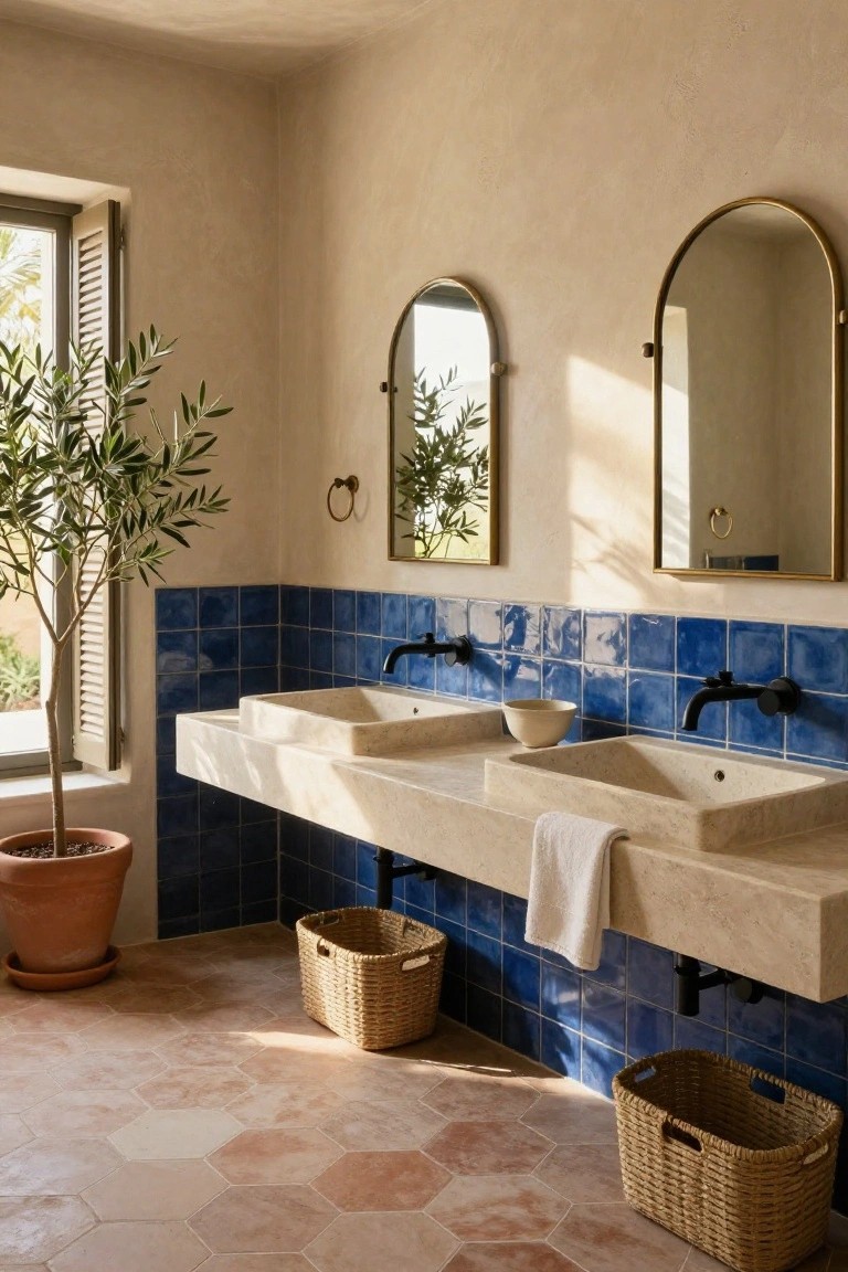 Bathroom with floating double beige stone sink vanity, two arched gold-framed mirrors above, blue square tile backsplash, hexagonal terracotta floor tiles, wicker baskets, folded towel, potted olive tree, and window with shutters.