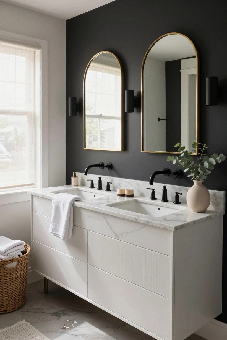 Bathroom double vanity with white cabinetry on brass legs, white marble countertop, two matching arched gold-framed mirrors mounted on a dark gray wall, black wall sconces, black faucets, soap dishes, folded towels, wicker basket, eucalyptus in a beige vase, and marble-look floor tiles.