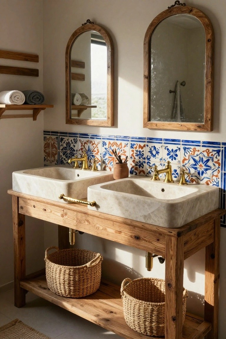 Bathroom featuring a wooden double vanity with two white stone sinks and gold faucets, colorful blue and orange tiled backsplash, wicker baskets underneath, and two tall arched wooden-framed mirrors on the walls.