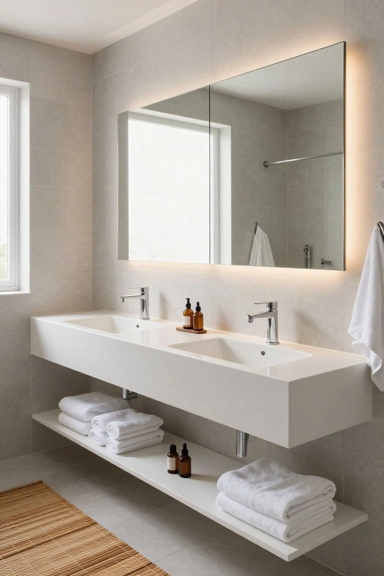 Modern bathroom with gray tiled walls, a large rectangular backlit mirror above a white floating double sink vanity, two chrome faucets, stacked towels on a shelf below, and a bamboo rug on the floor.