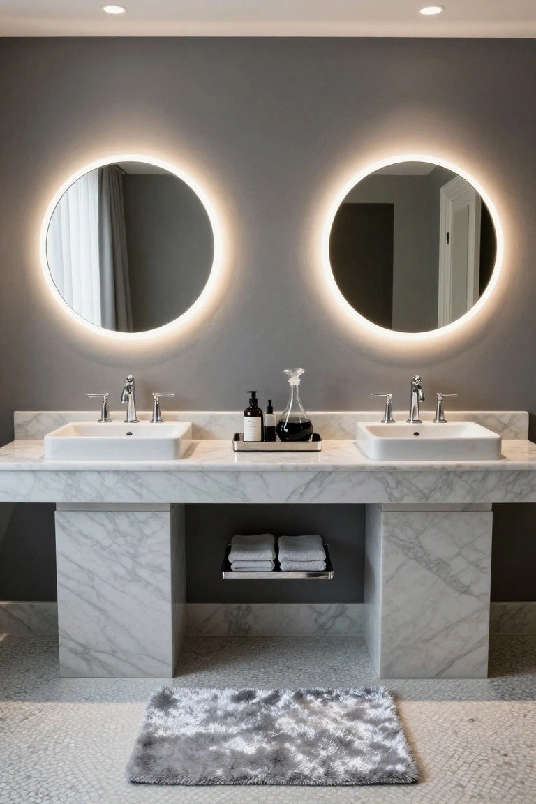 Gray-walled bathroom with two large round mirrors featuring white LED backlighting mounted above a white marble double vanity with two undermount sinks and chrome faucets.