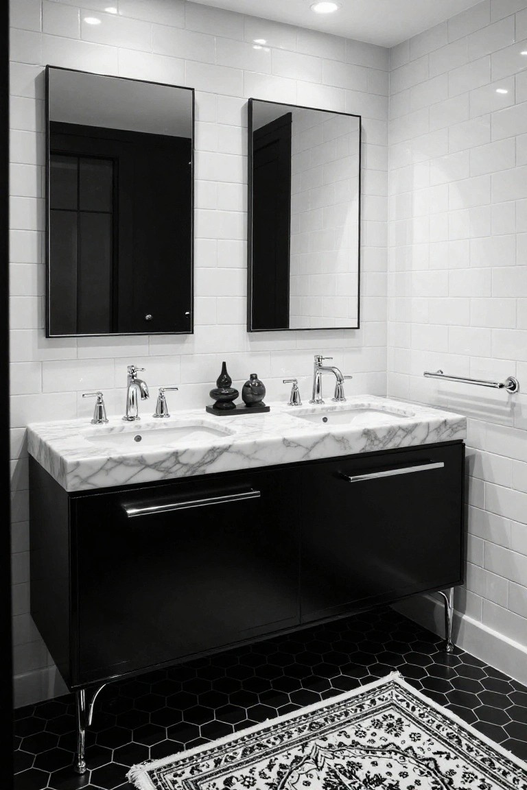 Black and white bathroom with double marble vanity, two rectangular black-framed mirrors above the sinks, chrome faucets, black cabinets on metal legs, white subway tile walls, black hexagonal floor tiles, and a patterned rug.