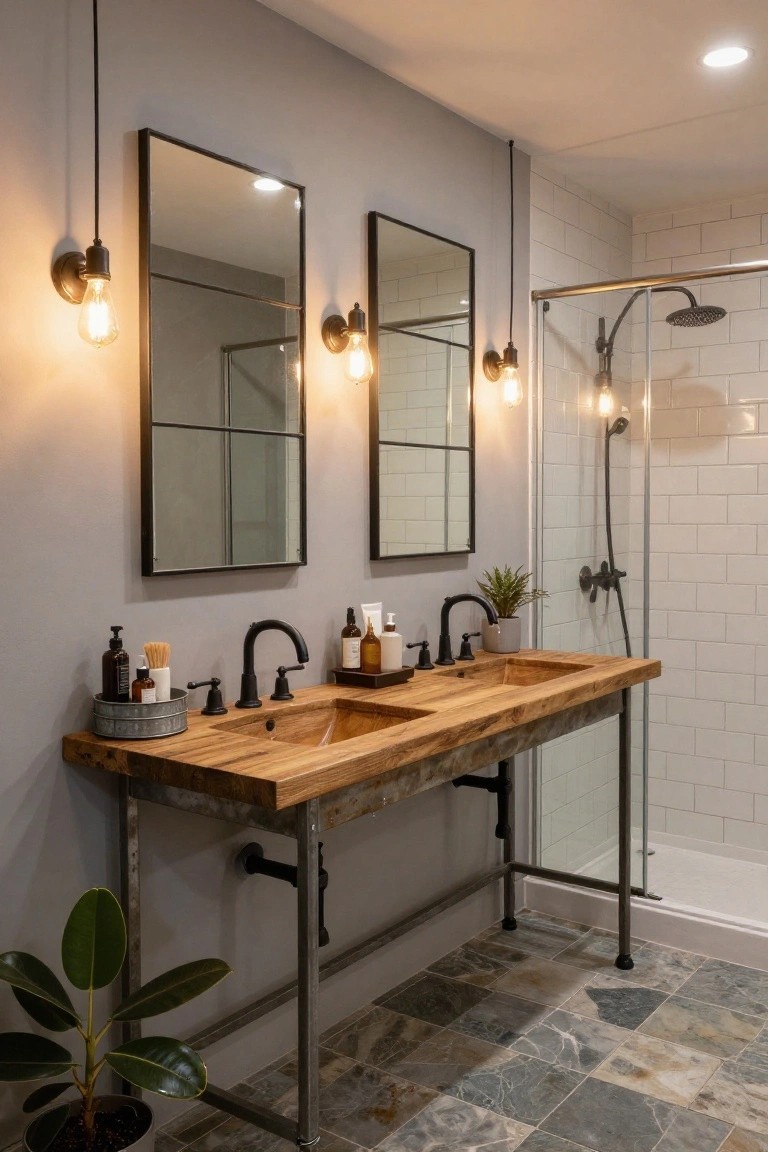 Bathroom with gray walls, long wooden double vanity on metal legs with two integrated sinks and black faucets, two tall black-framed grid mirrors above, pendant lights, potted plants, and glass shower enclosure on slate tile floor.