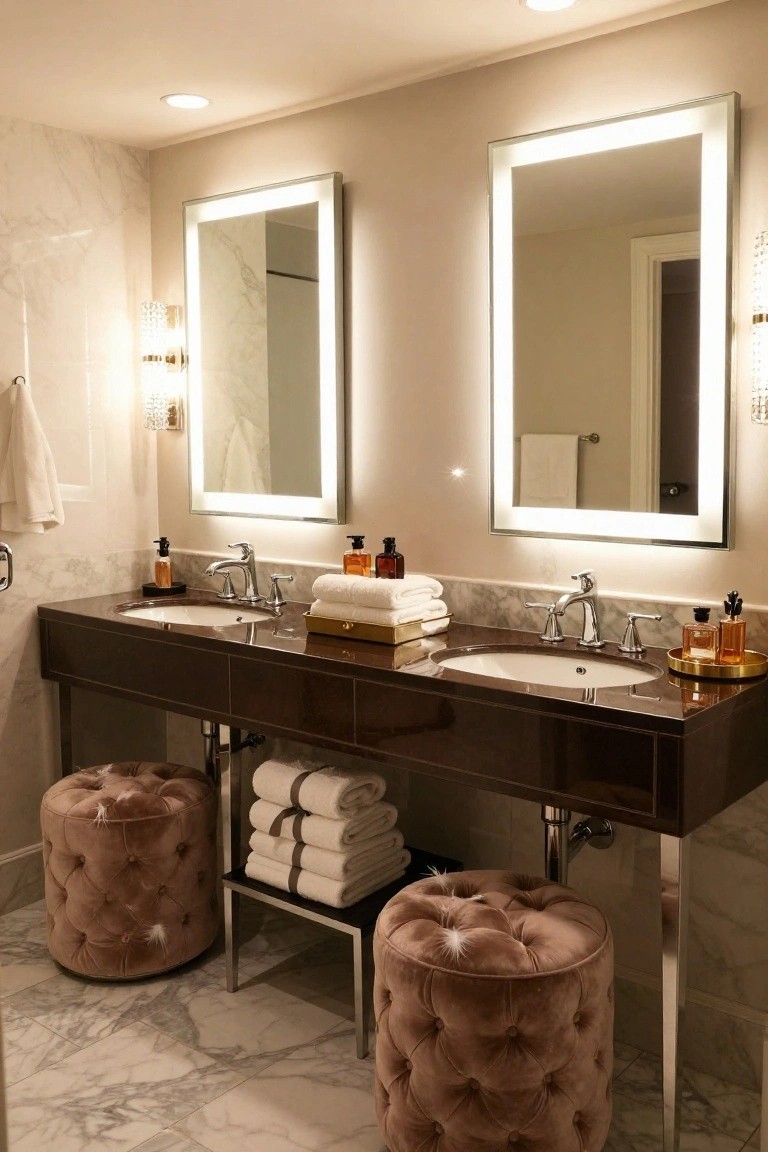 Luxurious bathroom with dark wood double vanity, two white undermount sinks, large rectangular mirrors with LED backlighting, marble counters and floor, white towels, amber bottles, and pink velvet ottomans.