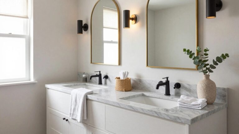 Bathroom double vanity with white cabinetry on brass legs, white marble countertop, two matching arched gold-framed mirrors mounted on a dark gray wall, black wall sconces, black faucets, soap dishes, folded towels, wicker basket, eucalyptus in a beige vase, and marble-look floor tiles.