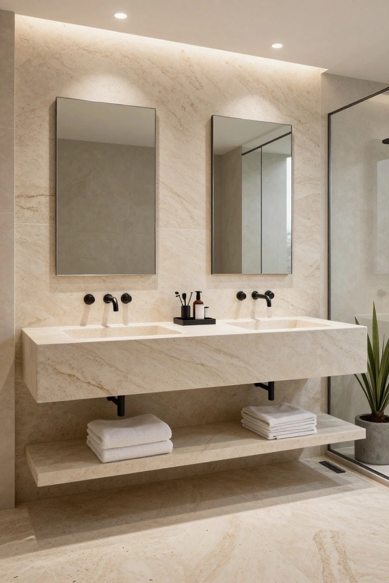 Beige marble bathroom with floating double sink vanity, two tall frameless mirrors mounted on the wall above black faucets, folded white towels on a lower shelf, black accessories, potted plant, and glass shower enclosure.