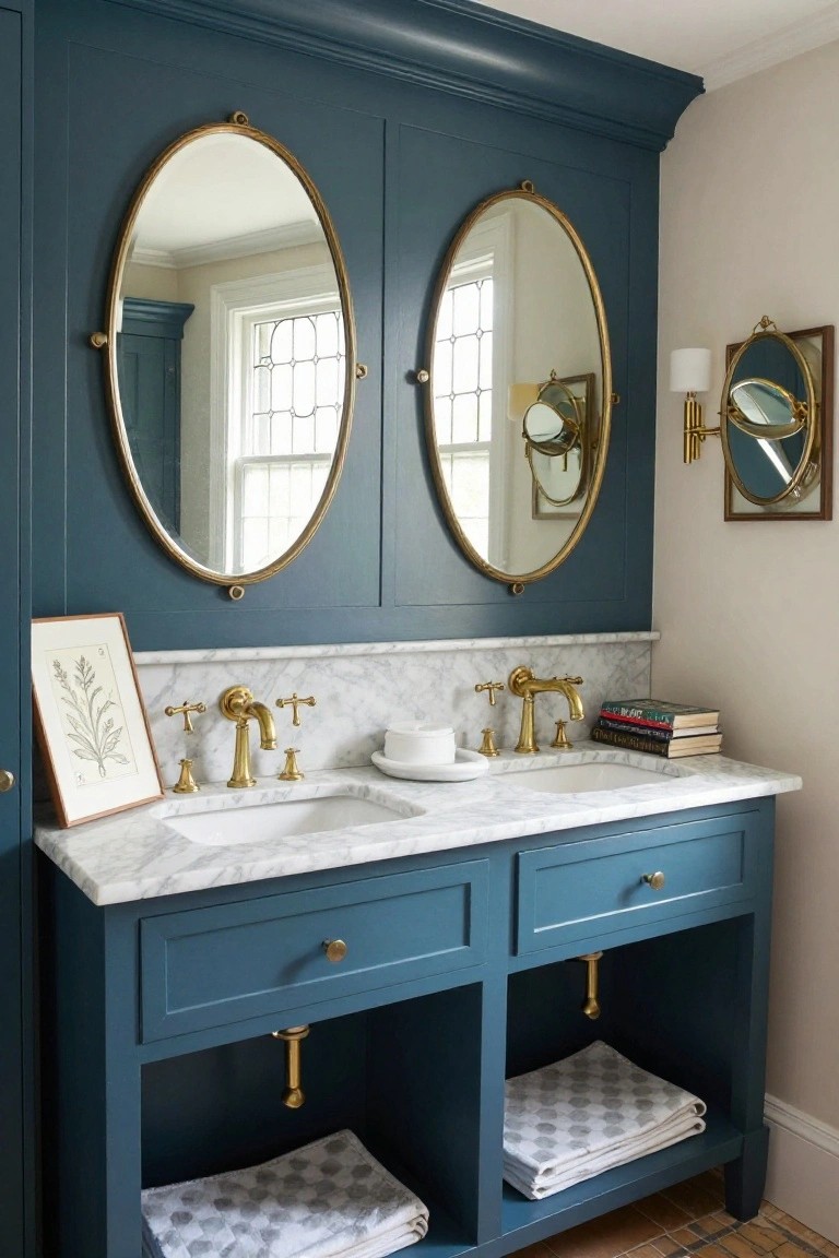 Double white marble sink vanity in navy cabinetry with two large oval gold-framed mirrors mounted on matching navy paneled walls, gold faucets, a botanical print, books, and folded towels on open shelves.