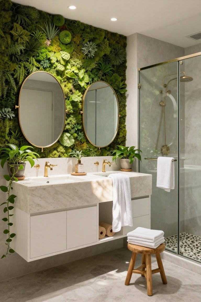 Gold Oval Mirrors Against a Living Green Wall