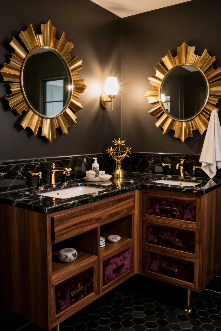 Corner double vanity in a bathroom with two large gold sunburst mirrors mounted on dark walls above black marble sinks, flanked by wood cabinets with purple velvet drawer fronts, gold accents, and black hexagon floor tiles.