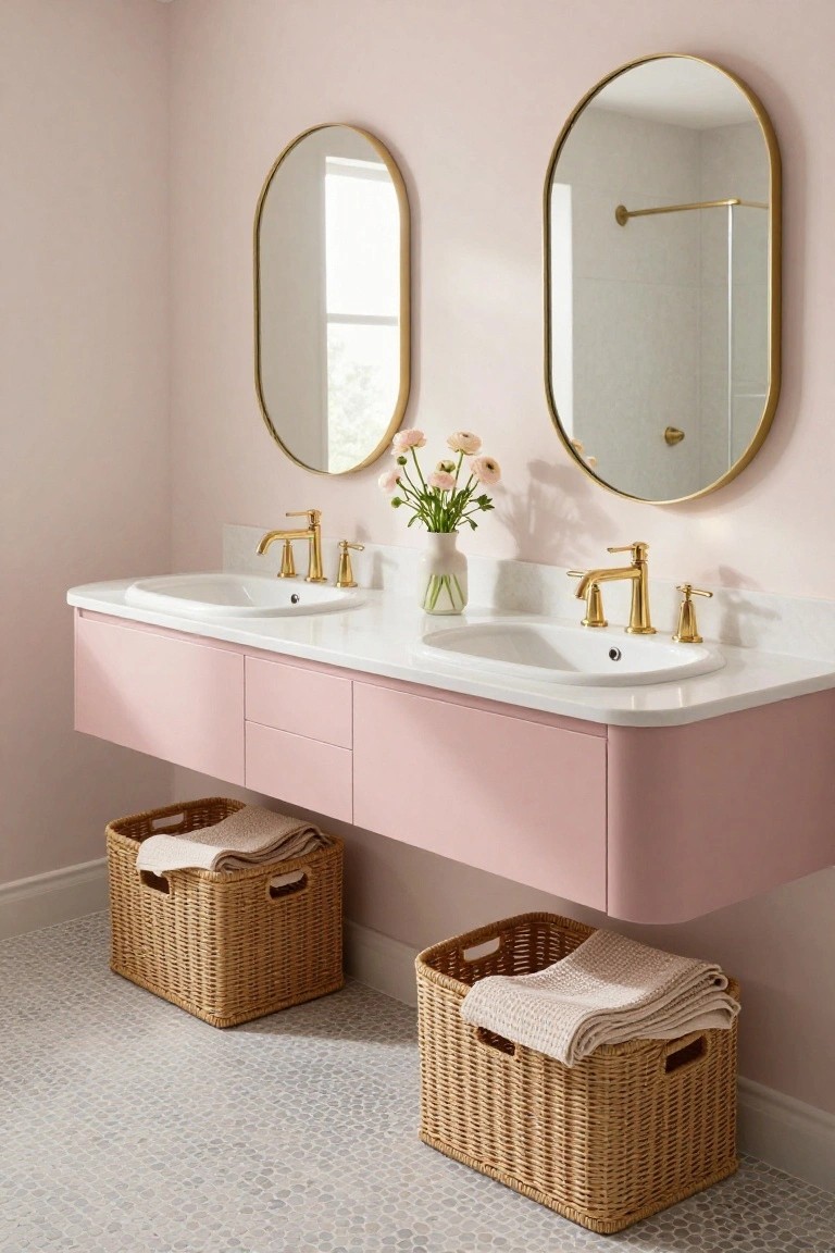 Pink floating double vanity with two white oval sinks and gold faucets under a pair of large oval gold-framed mirrors in a bathroom with pink walls, white vase of flowers, glass shower, and wicker baskets on gray pebble tile floor.