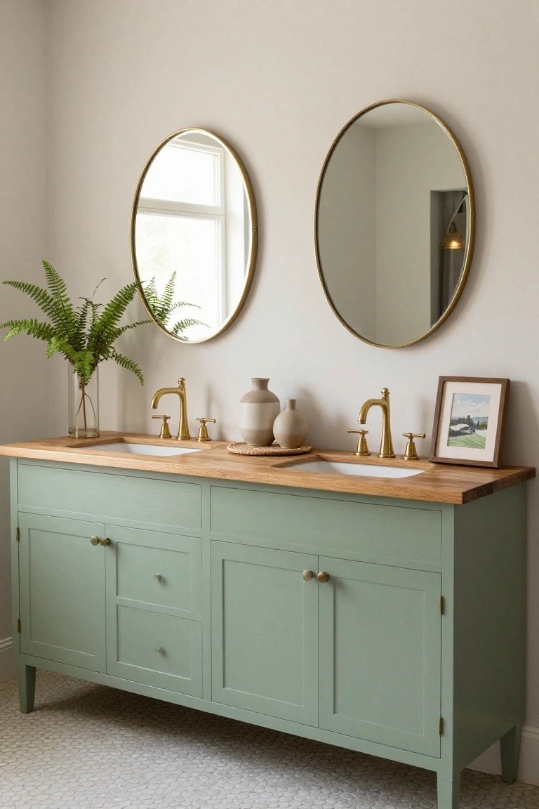 Sage green double bathroom vanity with oak wood countertop, two white undermount sinks, gold bridge faucets, two large gold-framed oval mirrors mounted on white wall, ferns and ceramic vases on counter.