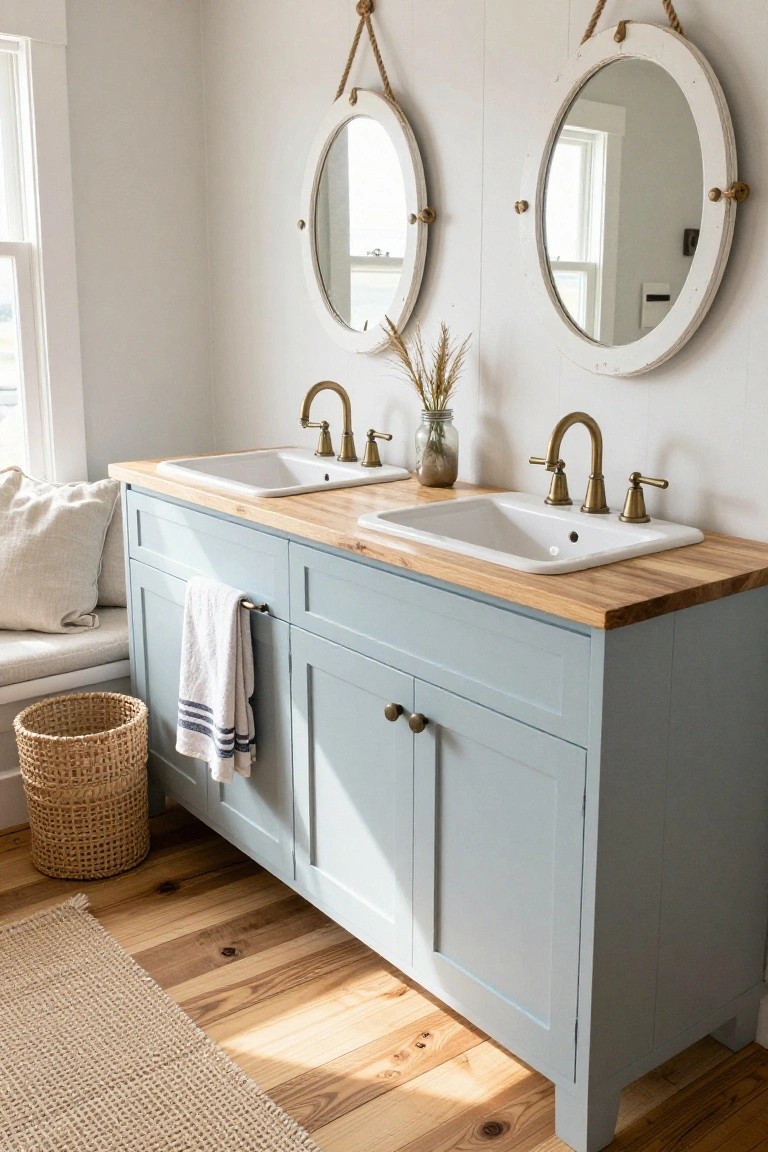 Light blue double vanity with butcher block countertop and two undermount sinks, brass faucets, two white oval mirrors hung by white rope from the wall, pampas grass in a jar, white towel, wicker basket, and beige rug on wood floor in a bathroom.