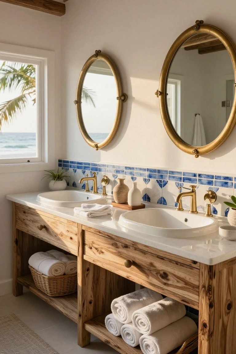 Bathroom double vanity with two large round brass-framed mirrors above white sinks and gold faucets, blue patterned tile backsplash, wooden cabinets with towels, plants, and window overlooking ocean and palm tree.