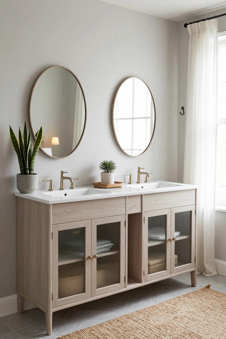 Light gray bathroom with oak double vanity featuring two white sinks, gold faucets, glass-front cabinets, two large round brass mirrors on wall, potted snake plant and succulent on vanity, sheer curtains on window, seagrass rug on tile floor.