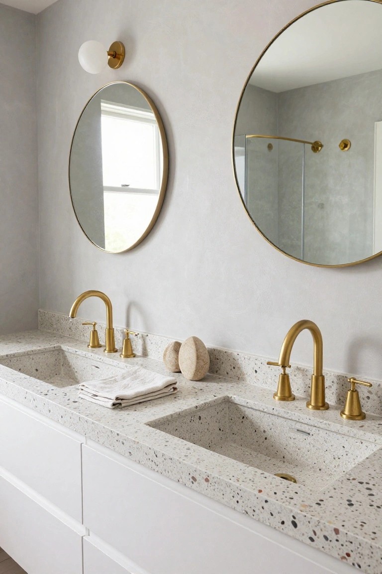 Double bathroom vanity with white cabinets, terrazzo countertop featuring two integrated sinks and gold faucets, flanked by two large round gold-framed mirrors against a light gray wall.