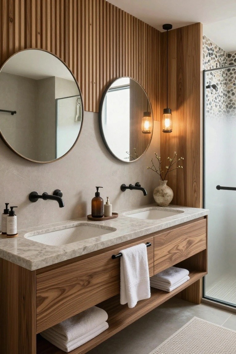 Modern bathroom with double wood vanity, two large round mirrors, matte black wall faucets, soap dispensers, towels, and wood slat wall next to glass shower enclosure.