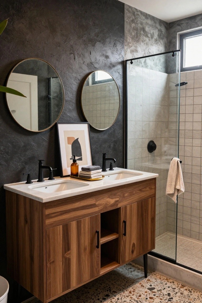 Bathroom with dark textured accent wall, wooden double vanity topped with two round gold-framed mirrors, white sinks, black faucets, abstract artwork, glass shower with white subway tile, and terrazzo floor.