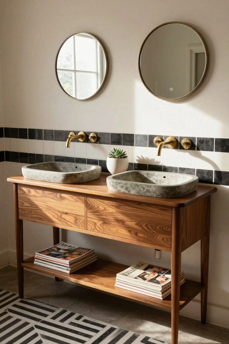 Double wood vanity with two gray stone vessel sinks, brass wall-mounted faucets, black and white tile wainscot, two round brass-framed mirrors on beige wall, plants, magazines on open shelf, geometric black and white floor tiles.