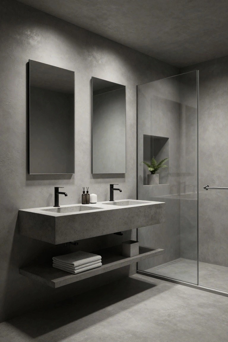 Gray-toned modern bathroom with floating concrete double vanity, two black faucets, two tall narrow wall mirrors, glass shower enclosure, potted plant niche, and towel shelf.