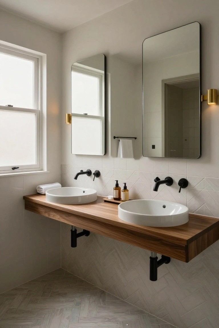 Bathroom with floating wooden double vanity holding two white oval sinks and black faucets, flanked by two tall slim black-framed rectangular mirrors, white chevron tile backsplash, and light gray herringbone floor tile.