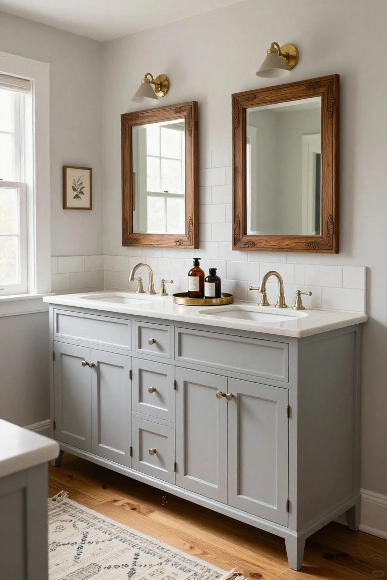 Light gray double vanity bathroom with two undermount white sinks, gold faucets, bottles on a gold tray, large ornate wooden framed mirrors above, white subway tile backsplash, and wood floors with a rug.