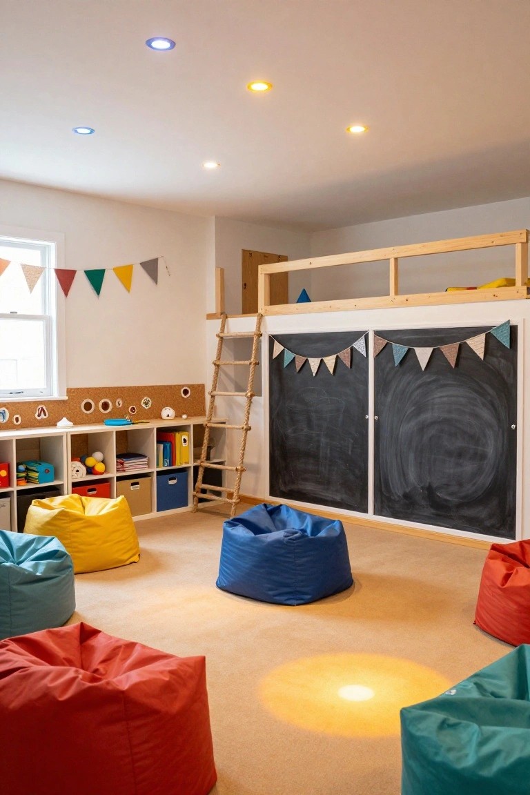 Children's playroom featuring a wooden loft with ladder, cube shelves stocked with toys, large black chalkboard panels, colorful bean bag chairs on carpet, and recessed ceiling lights in blue, yellow, and white casting spotlights on the floor.