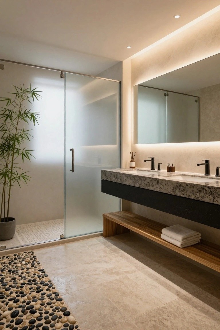 Modern bathroom interior featuring a frosted glass shower enclosure with bamboo plant nearby, double sink vanity on a dark quartz countertop, backlit mirror, wooden bench with towels, pebble stone floor mat, and LED cove lighting along the ceiling perimeter.