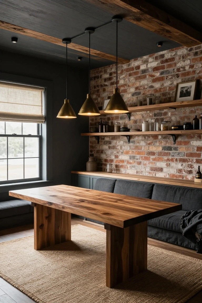 Interior photo of a dining area featuring a wooden table and benches, exposed dark wood beam ceiling with three hanging gold conical pendant lights, recessed spotlights, brick accent wall with open shelves, and a large window with linen shade.