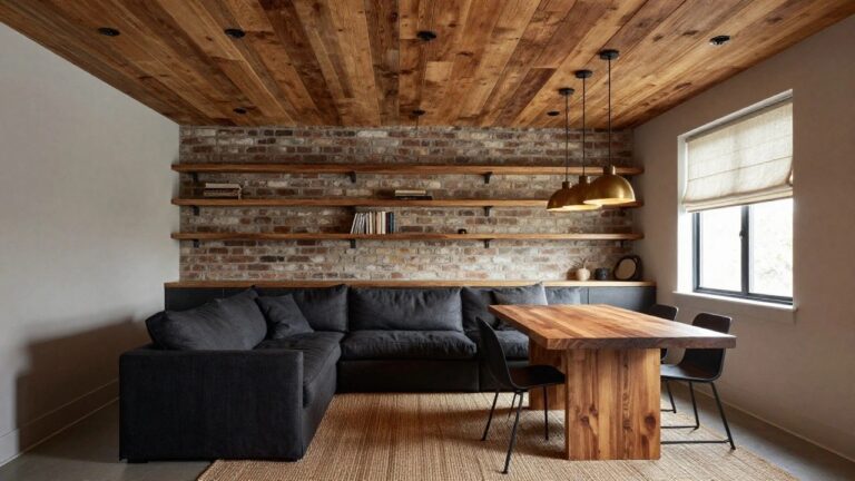 Interior photo of a dining area featuring a wooden table and benches, exposed dark wood beam ceiling with three hanging gold conical pendant lights, recessed spotlights, brick accent wall with open shelves, and a large window with linen shade.