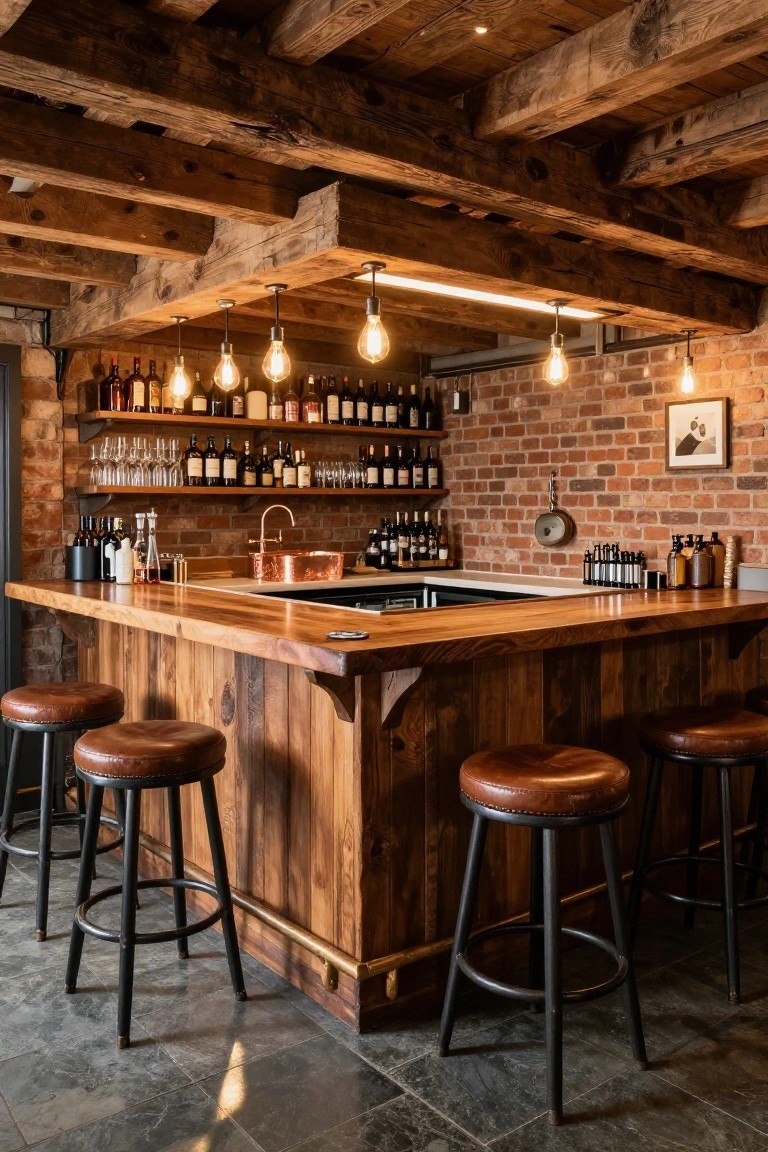 Rustic basement bar with exposed wooden beam ceiling, hanging Edison bulb pendants, brick walls lined with wine bottles, copper sink, wooden bar top, and black metal barstools on dark tile floor.