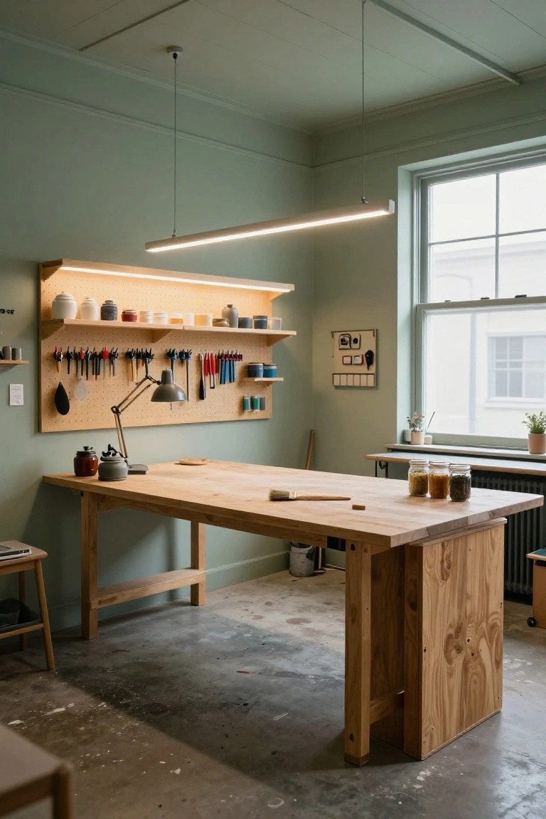 Mint green workshop interior with wooden workbench, pegboard wall of tools, shelves holding pottery and jars, desk lamp, and slim horizontal linear LED ceiling light.